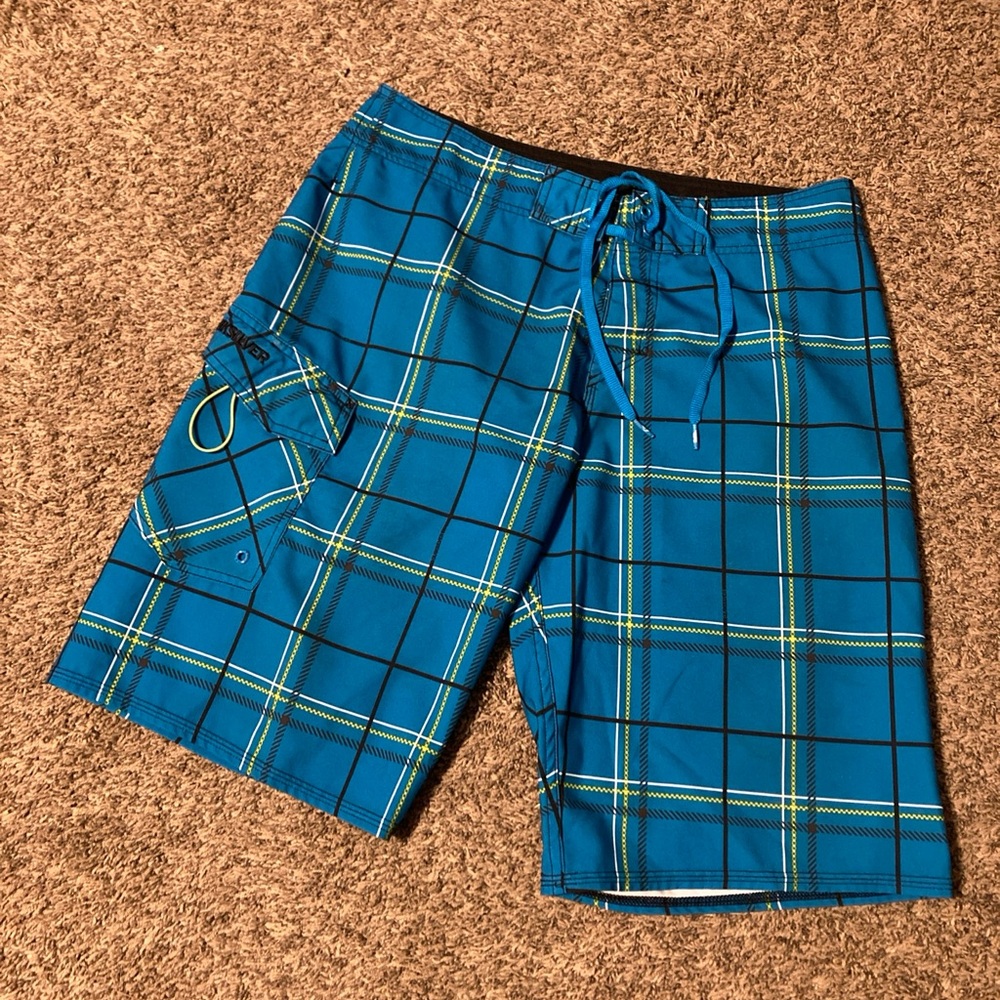 Quicksilver Blue Yellow Plaid Board Shorts Men's 32" Surf Swim